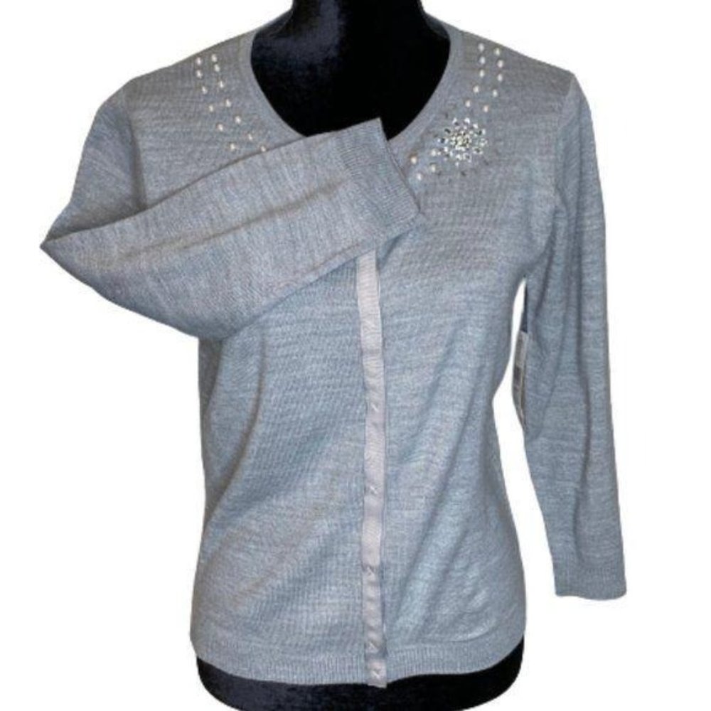 i.e. Gray Sweater with Jewel Embellishments